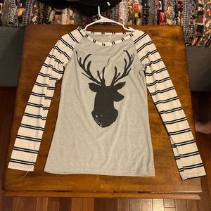 Lucky, long sleeve tee, Grey, white, & black with deer image, Size: Adult Small